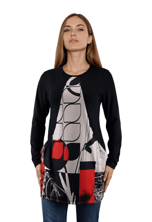 Дамска блуза-туника асиметрична с дълъг ръкав обло деколте - Decade.shop